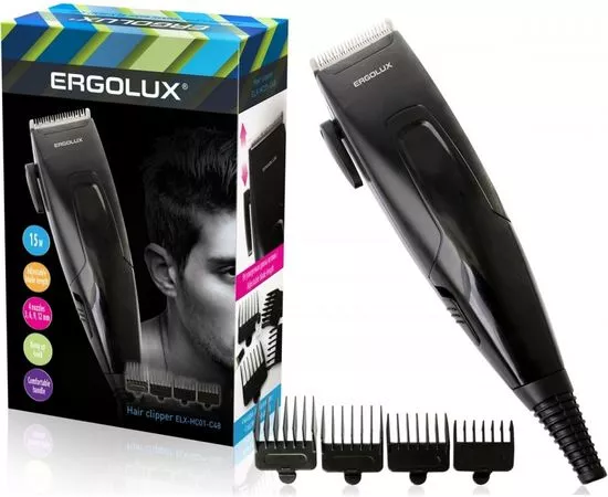 650679 - Машинка для стрижки волос ERGOLUX ELX-HC01-C48 15W, 4 насадки, щетка+смазка, 220-240V черный (1)