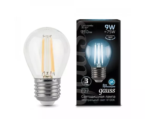 650798 - Gauss Filament Шар G45 E27 9W(710lm) 4100K 4K прозр. 80x45 филамент (нитевидная) 105802209 (1)