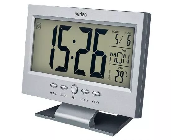 734962 - Perfeo Часы-будильник Set, серебряный, (PF-S2618) время, температура, дата (1)