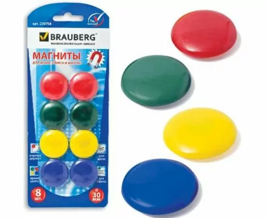 322545 - Магниты BRAUBERG диам. 30 мм, 8 шт., цв. покрытие, 230758 (1)