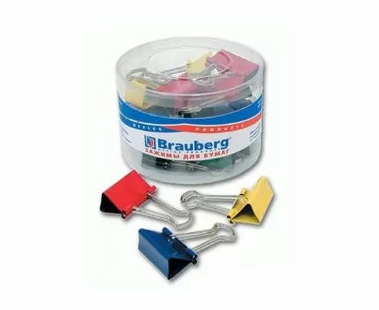 323313 - Набор зажимов для бумаг  BRAUBERG 19мм, на 60л., цветные, 40 шт., в пласт. цилиндре, 221127 (1)