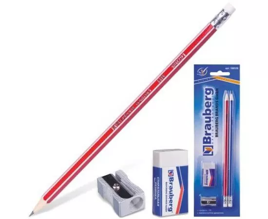 323653 - Набор BRAUBERG 2 карандаша (корп.из дерева)+стирательная резинка+точилка, на блистере, арт. 180338 (1)