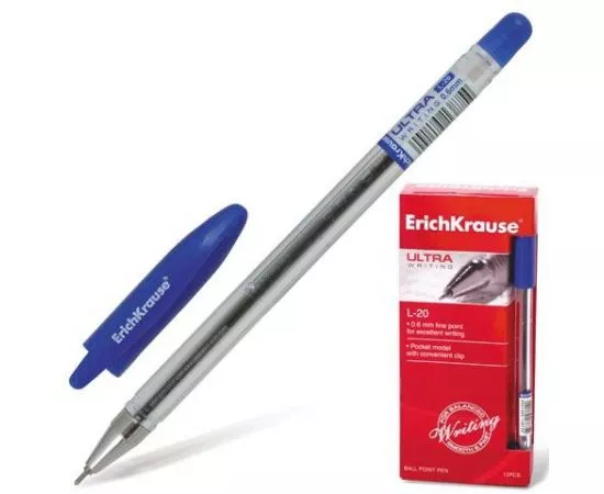 323819 - Ручка шариковая ERICH KRAUSE Ultra L-20, масл, корпус прозрачный, толщ. письма 0,6мм, 13875,синяя (1)
