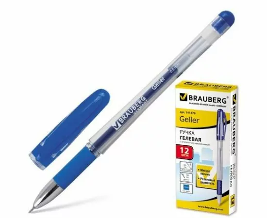 323889 - Ручка гелевая BRAUBERG Geller, 0,5мм, синяя, корпус прозр, игольчат. пишущ. узел, рез.держ, 141179 (1)