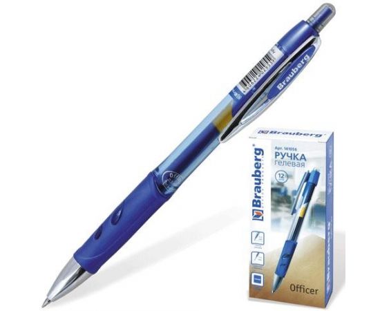 323904 - Ручка гелевая BRAUBERG автомат. Officer, 0,5мм, синяя, корп. прозр. синяя вставк, 141056 (1)