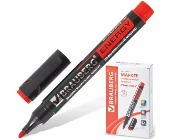 324188 - Маркер перман. (нестир.) BRAUBERG Energy, КРАСНЫЙ, кругл. након., 3 мм, с клипом, 150477 (1)