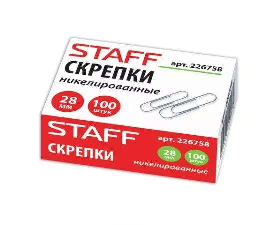 664534 - Скрепки STAFF, 28 мм, никелированные, 100 шт., в картонной коробке, 226758 (1)