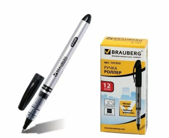 664682 - Ручка-роллер BRAUBERG Control, корпус серебр., узел 0,5мм, линия 0,3 мм, черная, 141553 (1)
