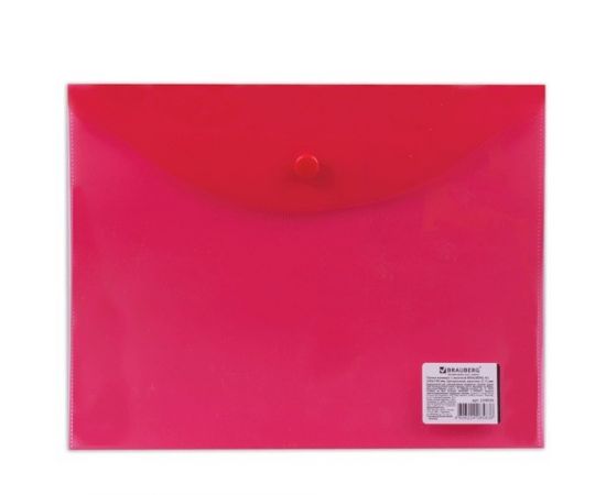 665081 - Папка-конверт с кнопкой BRAUBERG, А5, 240х190 мм, прозрачная, красная, 0,15 мм, 224026 (1)
