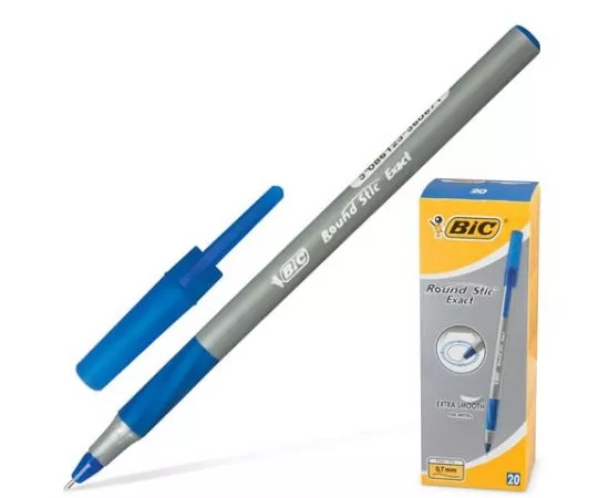684645 - Ручка шарик. BIC Round Stic Exact корпус сер. узел 0,8мм, линия 0,3мм, рез.упор, синяя 141767 (1)