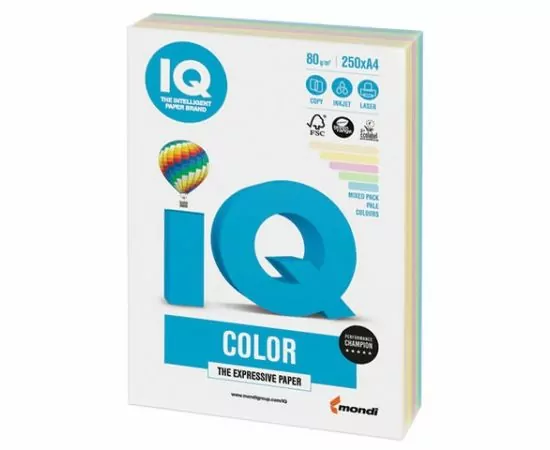 686741 - Бумага IQ color А4, 250л. (5цв.x50л.) цветная пастель, 80 г/м2, RB01 110692 (1)