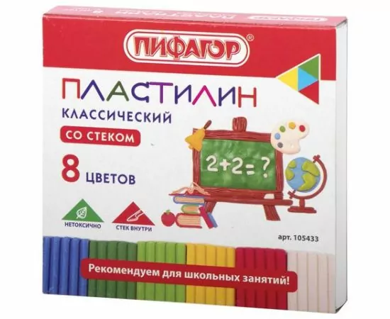 743756 - Пластилин классический ПИФАГОР ШКОЛЬНЫЙ, 8 цветов, 120 г, со стеком, 105433 (1)