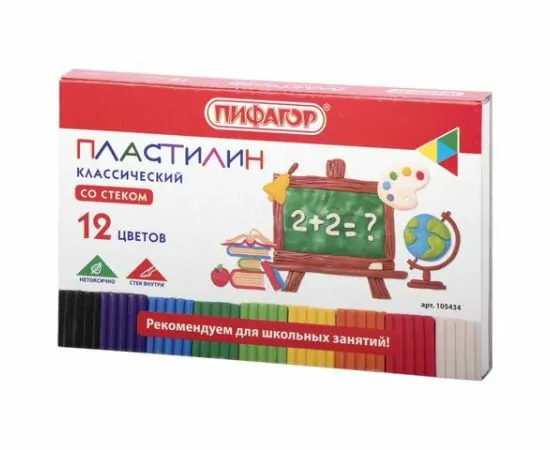 743757 - Пластилин классический ПИФАГОР ШКОЛЬНЫЙ, 12 цветов, 180 г, со стеком, 105434 (1)