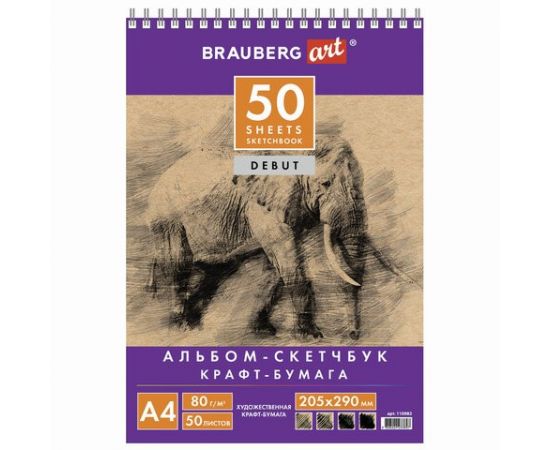 744255 - Скетчбук, крафт-бумага 80 г/м2, 205х290 мм, 50 л., гребень, жёсткая подложка, BRAUBERG ART DEBUT, (1)