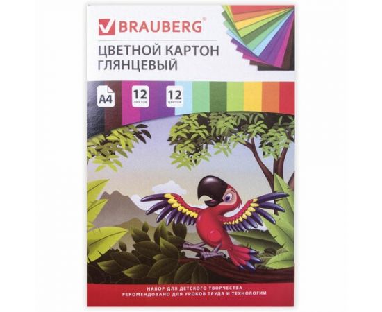 745476 - Картон цветной А4 МЕЛОВАННЫЙ (глянцевый), 12л. 12цв., в папке, BRAUBERG, 200х290 мм, Килиманджаро, (1)