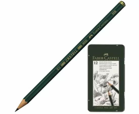 746867 - Карандаши чернографитные FABER-CASTELL, НАБОР 12 шт., Castell 9000 Art Set, 2H-8B, металлическая к (1)