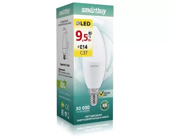 663677 - Smartbuy свеча C37 E14 9.5W(900lm) 3000K 3K матовая пластик SBL-C37-9_5-30K-E14 (1)