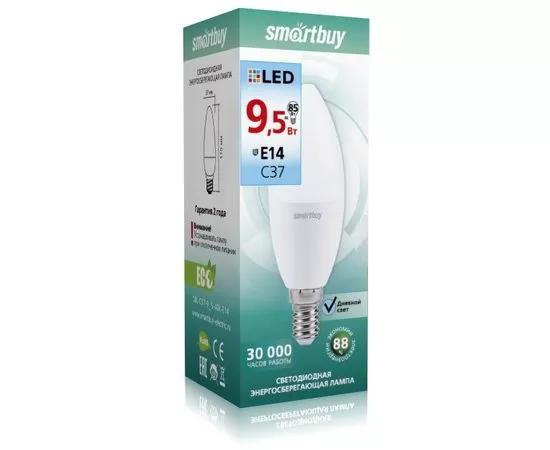 663679 - Smartbuy свеча C37 E14 9.5W(900lm) 4000K 4K матовая пластик SBL-C37-9_5-40K-E14 (1)