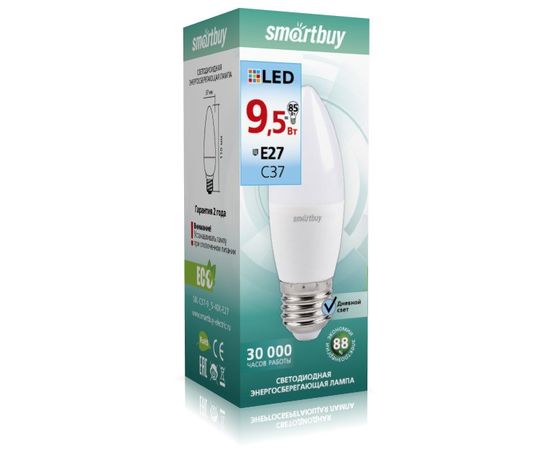 663680 - Smartbuy свеча C37 E27 9.5W(900lm) 4000K 4K матовая пластик SBL-C37-9_5-40K-E27 (1)