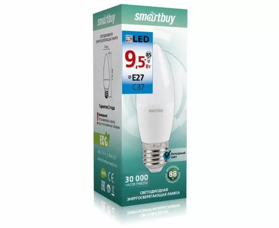 663682 - Smartbuy свеча C37 E27 9.5W(900lm) 6000K 6K матовая пластик SBL-C37-9_5-60K-E27 (1)