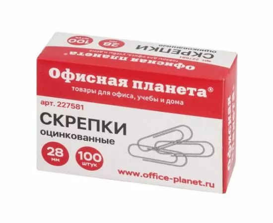 748395 - Скрепки ОФИСНАЯ ПЛАНЕТА, 28 мм, оцинкованные, 100 шт., в картонной коробке, 227581 (1)