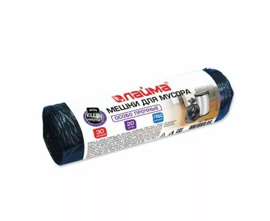 750965 - Мешки д/мусора 30 л, черные в рулоне 20 шт., ПВД, 20 мкм, 50х60 см (±5%), особо прочные, ЛАЙМА, 6053 (1)