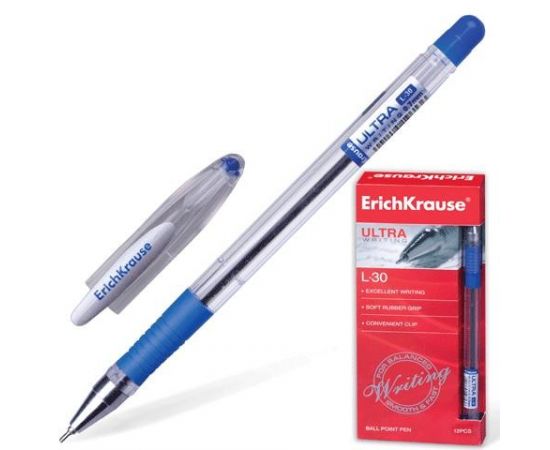 323821 - Ручка шариковая ERICH KRAUSE Ultra L-30, 0,6мм, синяя, масл., корп. прозр, рез. держ., 19613 (1)