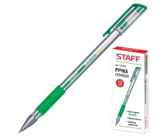 664700 - Ручка гел. STAFF, корпус прозр., узел 0,5мм, линия 0,35мм, рез. упор, зеленая, 141825 (1)