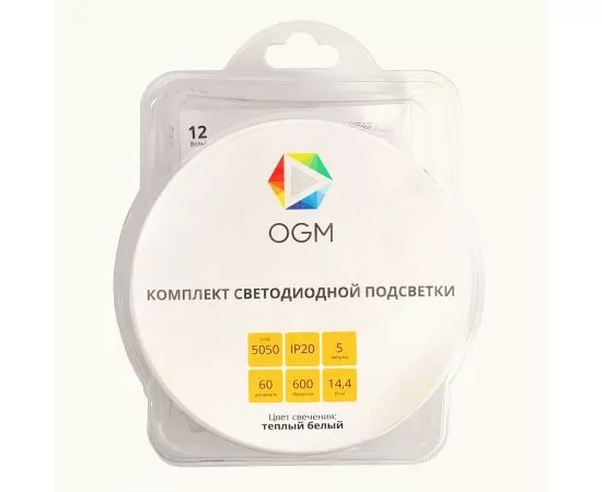 760304 - Apeyron/OGM Комплект б/п+Лента св/д 12V 14.4W/m 60led/m IP20 3000K 600lm/m 5м интер 2K SMD5050 SL-15 (1)