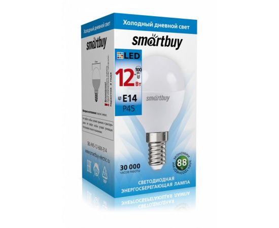 781482 - Smartbuy шар P45 E14 12W(960lm) 6000К 6K 45х86 матовая пластик SBL-P45-12-60K-E14 (1)