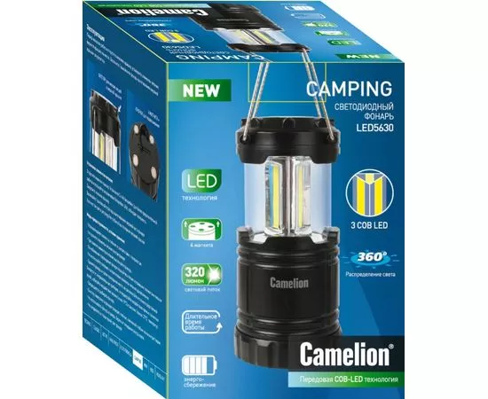 676889 - Camelion фонарь кемпинговый LED5630 (3xR6) 3св/д COB (320lm) крюк/магнит, черный/пластик (1)