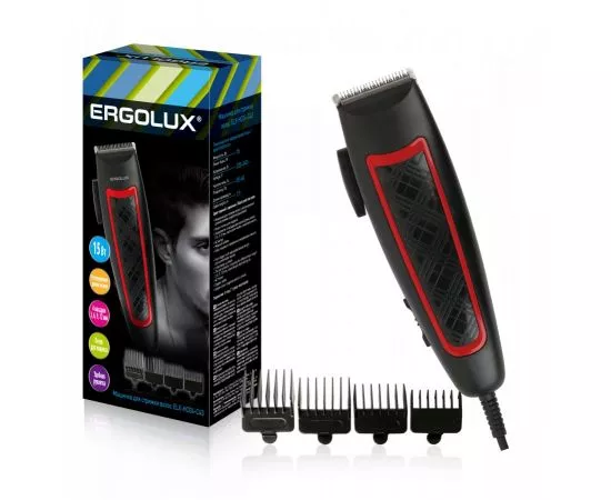 789958 - Машинка для стрижки волос ERGOLUX ELX-HC04-C43 15W, 4 насадки, 220-240V, черный с красным, 2350 (1)