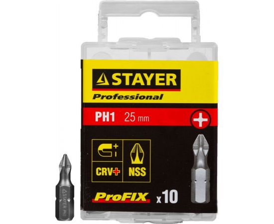 529024 - Биты STAYER PROFESSIONAL ProFix Phillips, тип хвостовика C 1/4, № 1, L=25мм, 10шт (1)