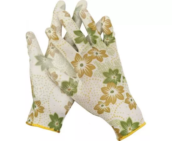 532445 - Перчатки GRINDA садовые, прозрачное PU покрытие, 13 класс вязки, бело-зеленые, размер S (1)