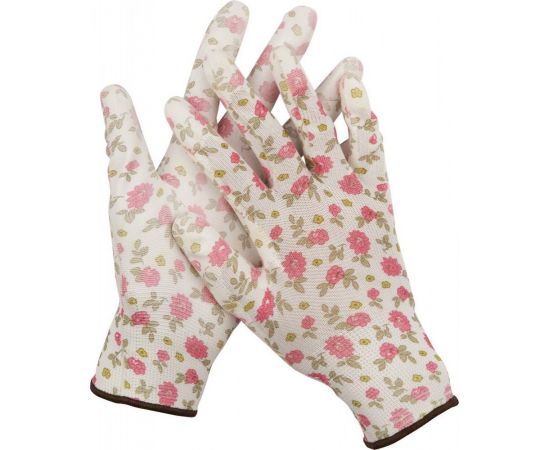 532446 - Перчатки GRINDA садовые, прозрачное PU покрытие, 13 класс вязки, бело-розовые, размер L (1)