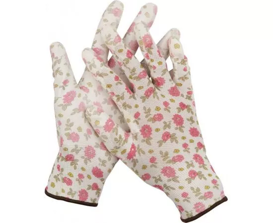 532448 - Перчатки GRINDA садовые, прозрачное PU покрытие, 13 класс вязки, бело-розовые, размер S (1)