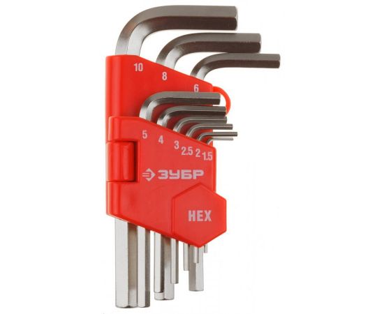 545208 - Набор ЗУБР Ключи МАСТЕР имбусовые короткие, Cr-V, сатинированное покрытие, пластик. держатель, HEX (1)
