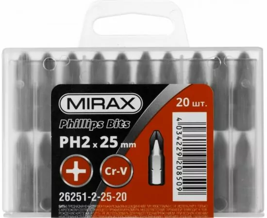 627423 - Биты MIRAX PH№2, тип хвостовика C 1/4, длина 25мм, 20шт (1)