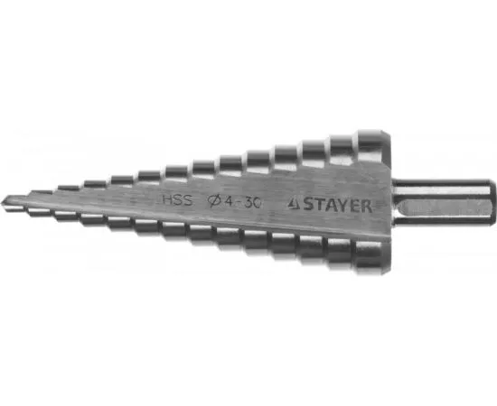 639907 - Сверло STAYER MASTER 14-ступен. по мет., сталь HSS, d4-30, L-100мм, 3-хгран. хв.10мм (1)