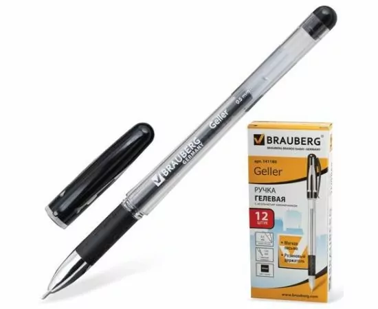 323890 - Ручка гелевая BRAUBERG Geller,0,5мм, черная, корпус прозр, игольчат. пишущ. узел, рез.держ, 141180 (1)