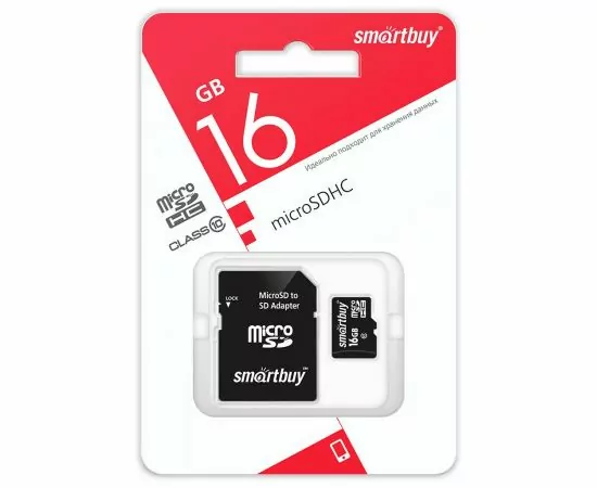 792149 - Флэш-карта (памяти) micro SDHC Smartbuy 16GB Сlass 10 (адаптер SD)LE (SB16GBSDCL10-01LE) (1)