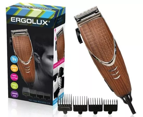 712891 - Машинка для стрижки волос ERGOLUX ELX-HC02-C10 10W, 4 насадки, щетка+смазка, 220-240V, цвет дерево (1)