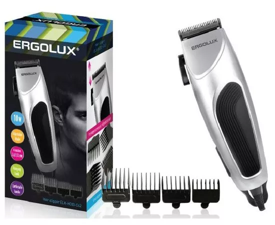 712892 - Машинка для стрижки волос ERGOLUX ELX-HC03-C42 10W, 4 насадки, 220-240V, серебро 87172 (1)
