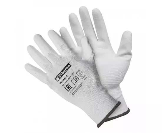 804652 - Перчатки Для точных работ,полиэстер,полиуретан.покр.M(р.8) белые PR-PU051 (пара,цена за пару)Fiberon (1)