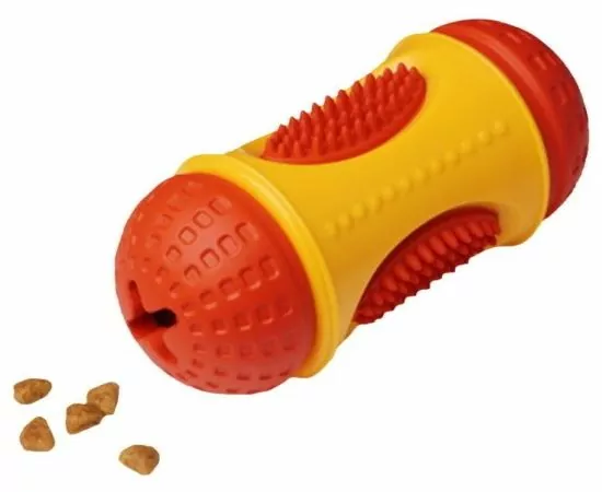 727609 - Игрушка для собак Фигурный цилиндр (отверстие для лакомств) 13см желтый/красный HOMEPET 145Y020YR (1)