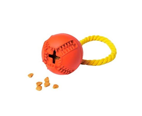 805754 - Игрушка для собак резиновая Мяч с канатом с отверстием для лакомств красный HOMEPET 145Y014R (1)
