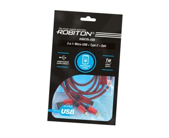 654194 - Кабель Robiton Multicord P12 USB(A)шт. - microUSB, Type C, iphone5, красный, PH1, 15191 (1)