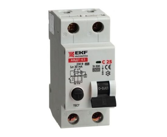 424233 - EKF автомат. выкл. диф. тока АВДТ-63 25А/30mA (хар-ка C, электромех. УЗО типа А) 6кА DA63-25-30 (1)