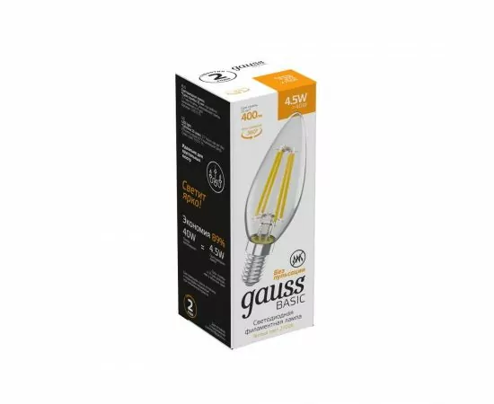 784686 - Gauss BASIC Filament лампа Свеча 4.5W(400lm) 2700К 2K E14 филамент (нитевидная) прозр. 1031115 (1)