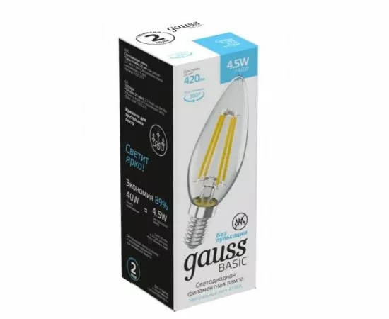 784687 - Gauss BASIC Filament Свеча 4.5W(420lm) 4100K 4K E14 прозр. филамент (нитевидная) 1031215 (1)